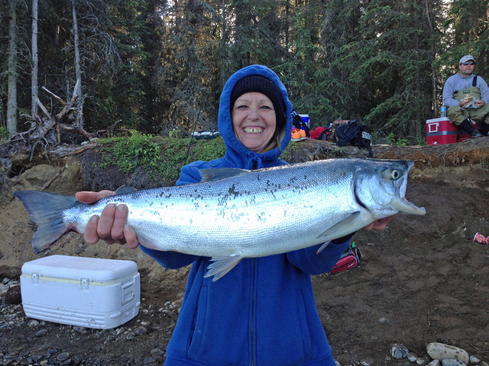 Happy Lady Catching Alaska Sockeye Salmon Kenai River 1000